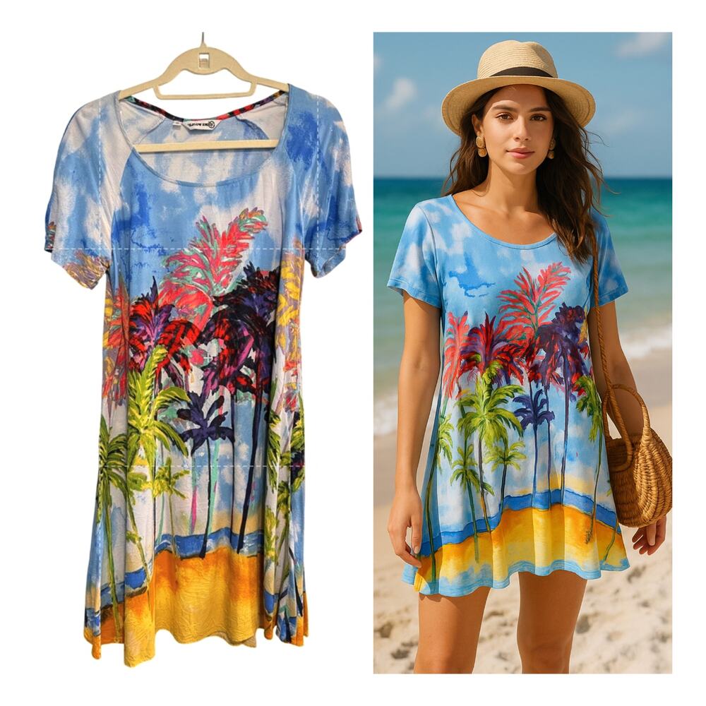 Jams World S Tropical Palm Tree Hattie DressVintage y2k Tie-Dye Hawaiian Bright